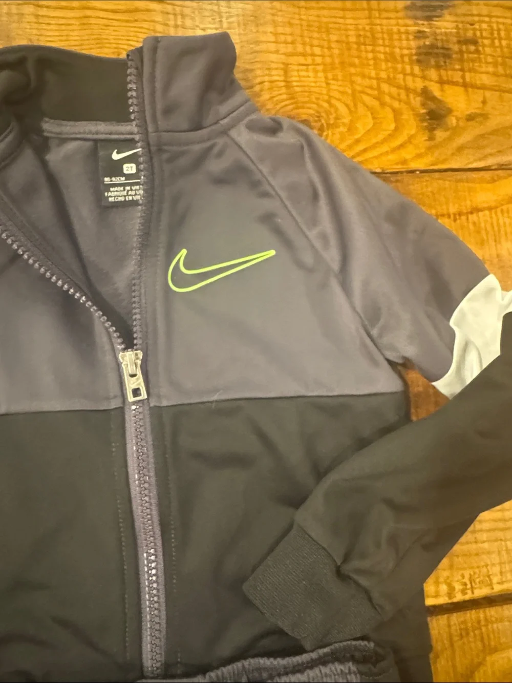 Nike Kids' Gray and Black Tracksuit with Neon Green Swoosh